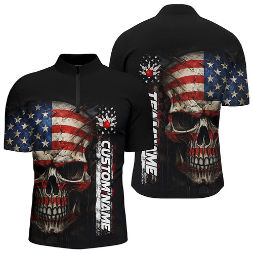 Personalized Skull Bowling Shirt For Men Custom Team'S Name American Flag Bowler Jersey IPHW5158