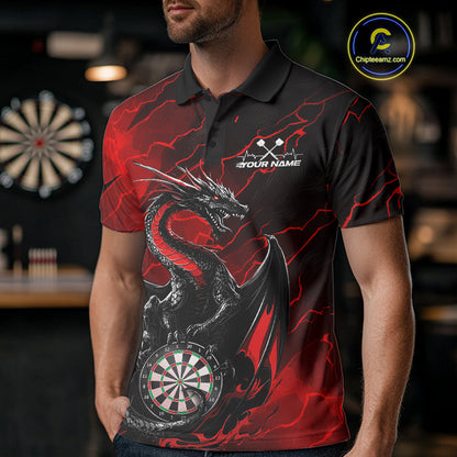 Custom Red Thunder Lightning Dragon Dart Polo Shirts For Men, Dragon Dart Team Jerseys IPHW9939