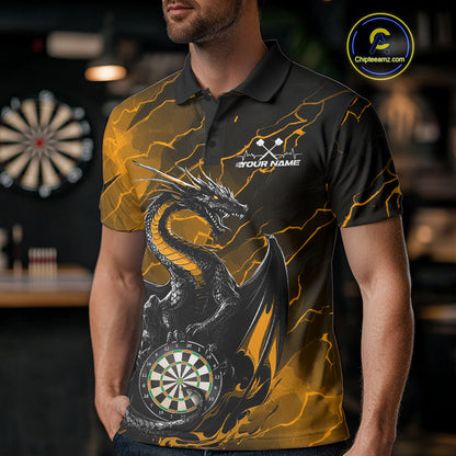 Custom Gold Thunder Lightning Dragon Dart Polo Shirts For Men, Dragon Dart Team Jerseys IPHW9940