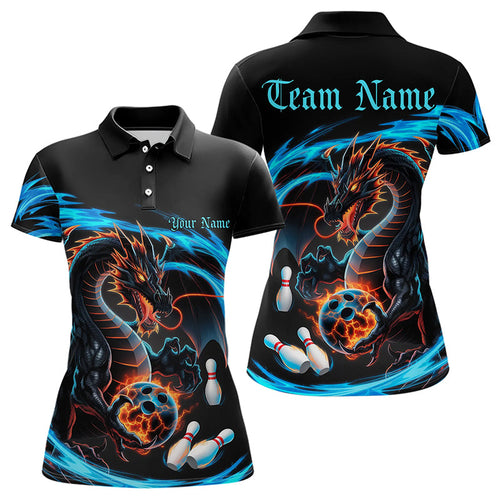 Custom Blue Flame Dragon Bowling Polo Shirts For Women, Dragon Bowling Team Jerseys IPHW8254