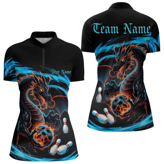 Custom Blue Flame Dragon Bowling Quarter-Zip Shirts For Women, Dragon Bowling Team Jerseys IPHW8254