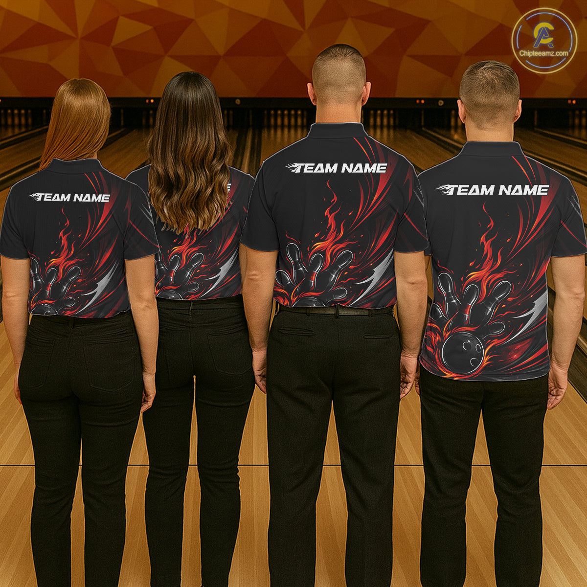 Custom Black And Red Fire Flame Bowling Men Jerseys, Bowling League Polo Shirt IPHW10308