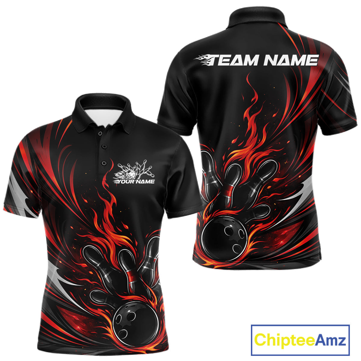 Custom Black And Red Fire Flame Bowling Men Jerseys, Bowling League Polo Shirt IPHW10308