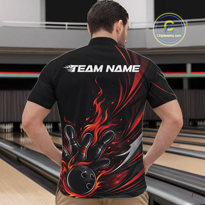 Custom Black And Red Fire Flame Bowling Men Jerseys, Bowling League Quarter-Zip Shirt IPHW10308