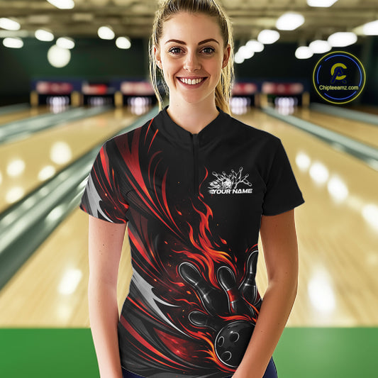 Custom Black And Red Fire Flame Bowling Women Jerseys, Bowling League Quarter-Zip Shirt IPHW10308