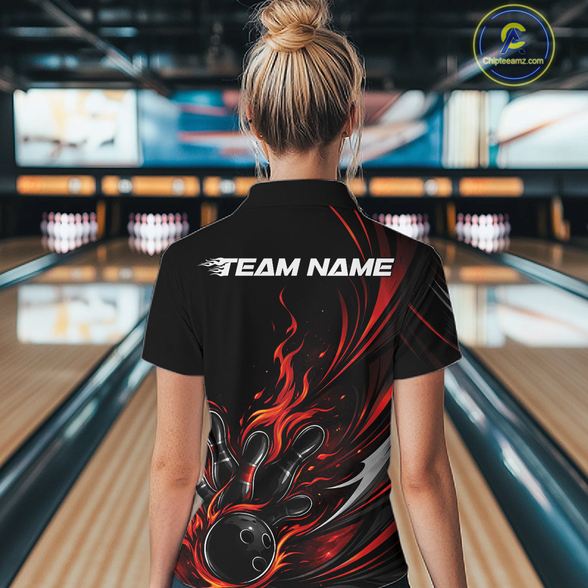 Custom Black And Red Fire Flame Bowling Women Jerseys, Bowling League Quarter-Zip Shirt IPHW10308