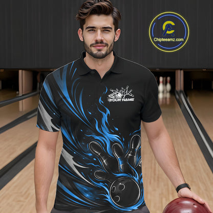 Custom Black And Blue Fire Flame Bowling Men Jerseys, Bowling League Polo Shirt IPHW10309