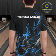 Load image into Gallery viewer, Custom Black And Blue Fire Flame Bowling Men Jerseys, Bowling League Polo Shirt IPHW10309