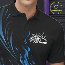 Load image into Gallery viewer, Custom Black And Blue Fire Flame Bowling Men Jerseys, Bowling League Polo Shirt IPHW10309