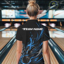 Load image into Gallery viewer, Custom Black And Blue Fire Flame Bowling Women Jerseys, Bowling League Polo Shirt IPHW10309