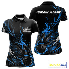 Load image into Gallery viewer, Custom Black And Blue Fire Flame Bowling Women Jerseys, Bowling League Polo Shirt IPHW10309