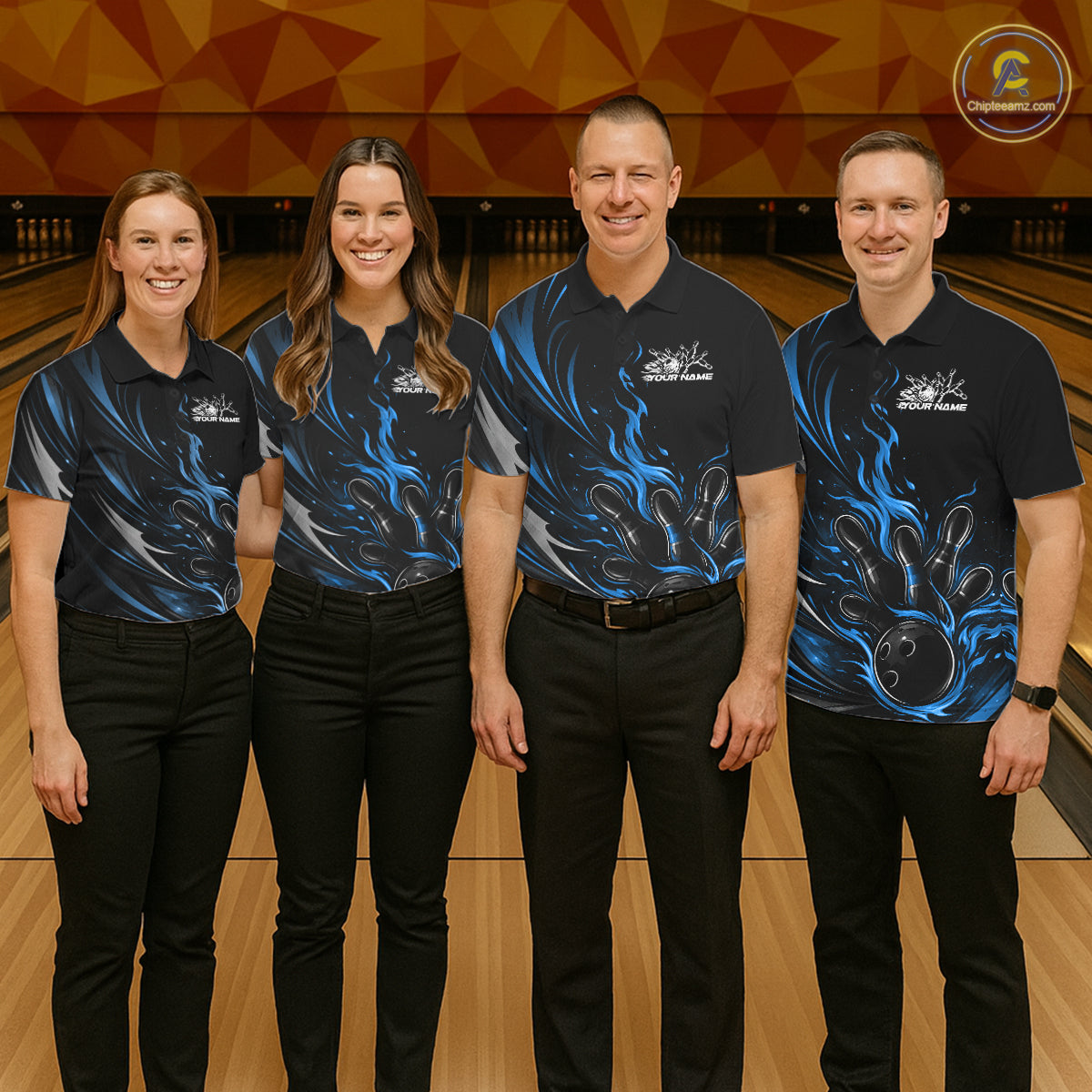 Custom Black And Blue Fire Flame Bowling Men Jerseys, Bowling League Polo Shirt IPHW10309