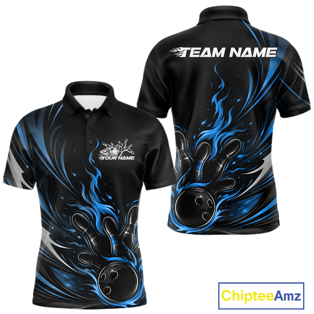 Custom Black And Blue Fire Flame Bowling Men Jerseys, Bowling League Polo Shirt IPHW10309