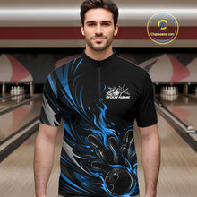 Load image into Gallery viewer, Custom Black And Blue Fire Flame Bowling Men Jerseys, Bowling League Quarter-Zip Shirt IPHW10309