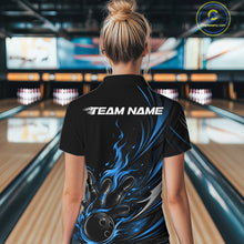 Load image into Gallery viewer, Custom Black And Blue Fire Flame Bowling Women Jerseys, Bowling League Quarter-Zip Shirt IPHW10309