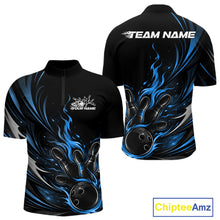 Load image into Gallery viewer, Custom Black And Blue Fire Flame Bowling Men Jerseys, Bowling League Quarter-Zip Shirt IPHW10309
