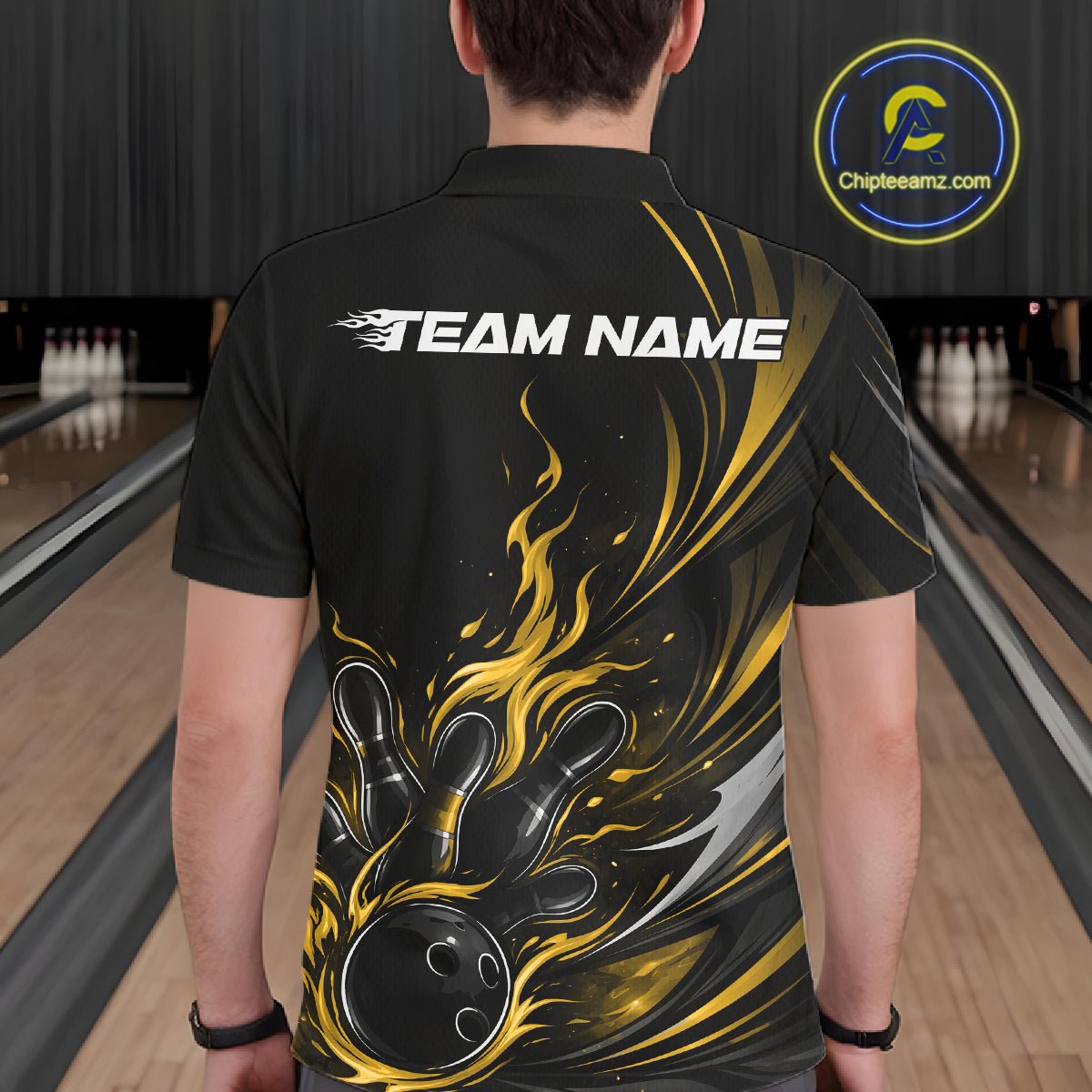 Custom Black And Yellow Fire Flame Bowling Men Jerseys, Bowling League Polo Shirt IPHW10310