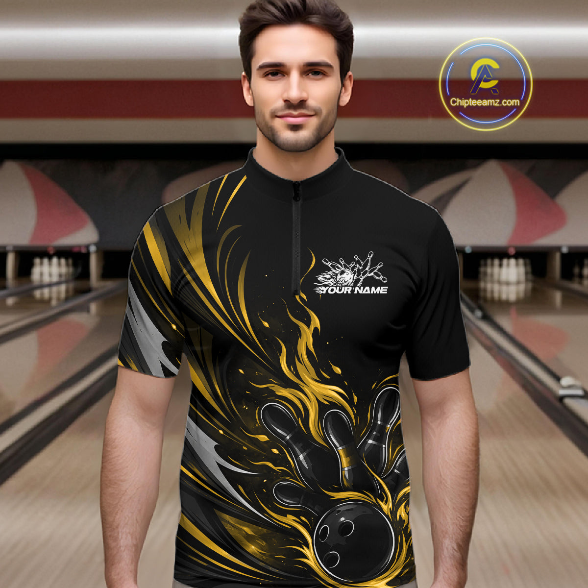 Custom Black And Yellow Fire Flame Bowling Men Jerseys, Bowling League Quarter-Zip Shirt IPHW10310