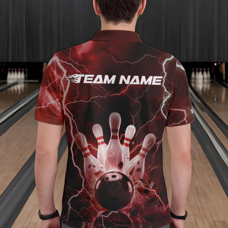 Custom Black And Red Thunder Lightning Bowling Polo Team Shirts For Men, Bowling Jerseys IPHW8514