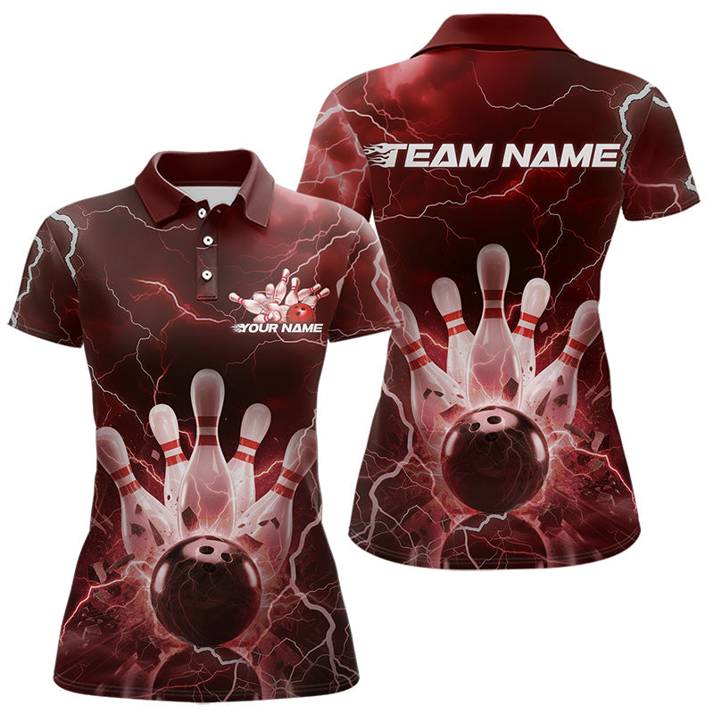 Custom Black And Red Thunder Lightning Bowling Polo Team Shirts For Women, Bowling Jerseys IPHW8514