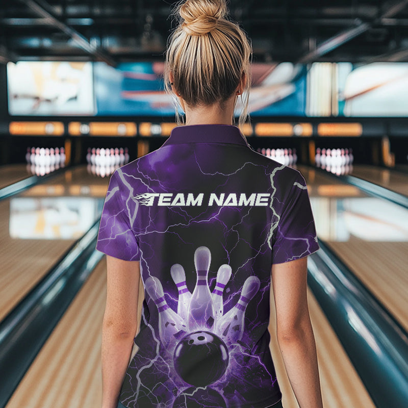 Custom Black And Purple Thunder Lightning Bowling Polo Shirts For Women, Bowling Jerseys IPHW8515