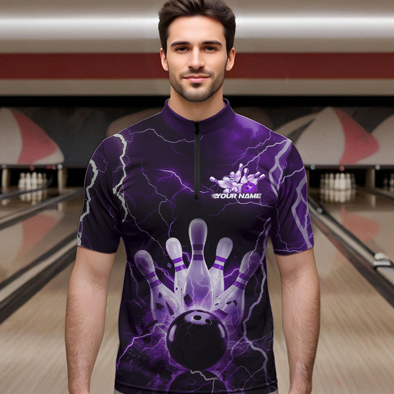 Custom Black And Purple Thunder Lightning Bowling Quarter-Zip Team Shirts For Men, Bowling Jerseys IPHW8515