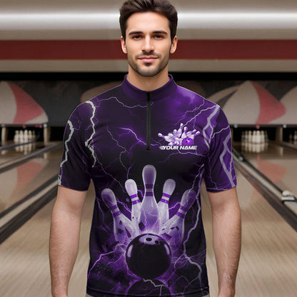 Custom Black And Purple Thunder Lightning Bowling Quarter-Zip Team Shirts For Men, Bowling Jerseys IPHW8515