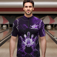 Load image into Gallery viewer, Custom Black And Purple Thunder Lightning Bowling Quarter-Zip Team Shirts For Men, Bowling Jerseys IPHW8515