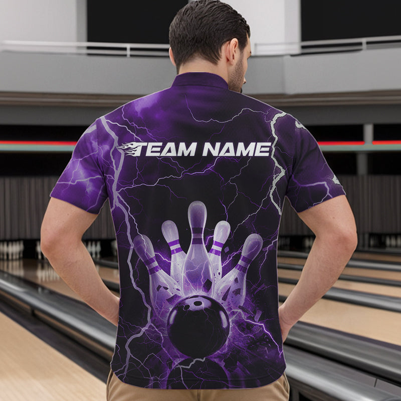 Custom Black And Purple Thunder Lightning Bowling Quarter-Zip Team Shirts For Men, Bowling Jerseys IPHW8515