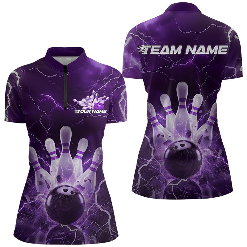 Custom Black And Purple Thunder Lightning Bowling Quarter-Zip Shirts For Women IPHW8515