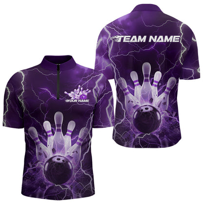 Custom Black And Purple Thunder Lightning Bowling Quarter-Zip Team Shirts For Men, Bowling Jerseys IPHW8515