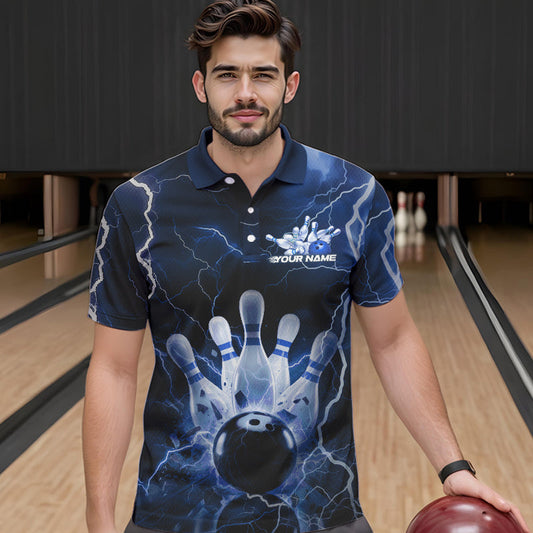 Custom Black And Blue Thunder Lightning Bowling Polo Team Shirts For Men, Bowling Jerseys IPHW8516