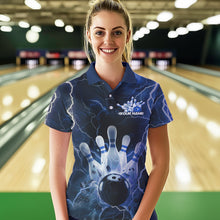 Load image into Gallery viewer, Custom Black And Blue Thunder Lightning Bowling Polo Team Shirts For Women, Bowling Jerseys IPHW8516