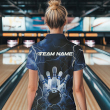 Load image into Gallery viewer, Custom Black And Blue Thunder Lightning Bowling Polo Team Shirts For Women, Bowling Jerseys IPHW8516
