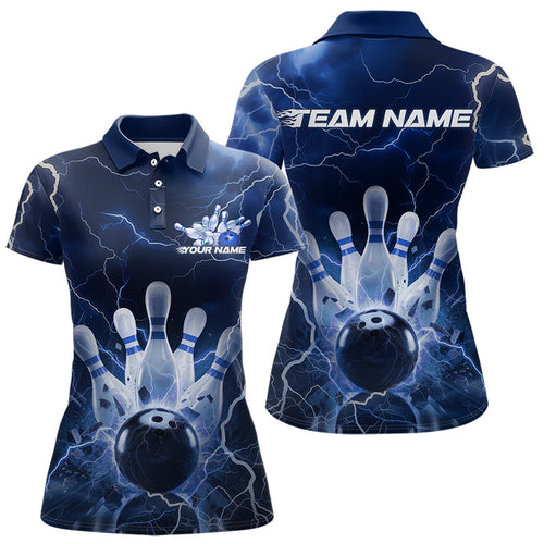 Custom Black And Blue Thunder Lightning Bowling Polo Team Shirts For Women, Bowling Jerseys IPHW8516