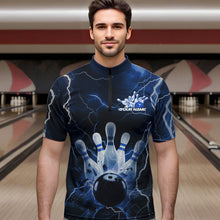 Load image into Gallery viewer, Custom Black And Blue Thunder Lightning Bowling Quarter-Zip Team Shirts For Men, Bowling Jerseys IPHW8516