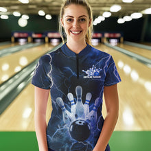 Load image into Gallery viewer, Custom Black And Blue Thunder Lightning Bowling Quarter-Zip Shirt For Women, Bowling Jersey IPHW8516
