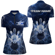 Load image into Gallery viewer, Custom Black And Blue Thunder Lightning Bowling Quarter-Zip Shirt For Women, Bowling Jersey IPHW8516
