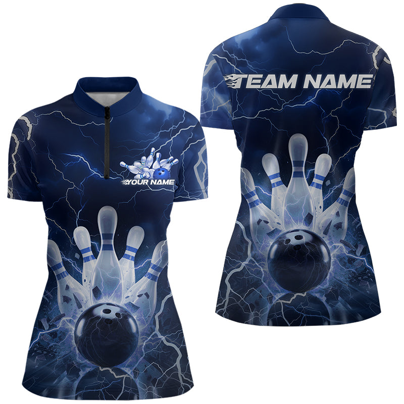 Custom Black And Blue Thunder Lightning Bowling Quarter-Zip Shirt For Women, Bowling Jersey IPHW8516