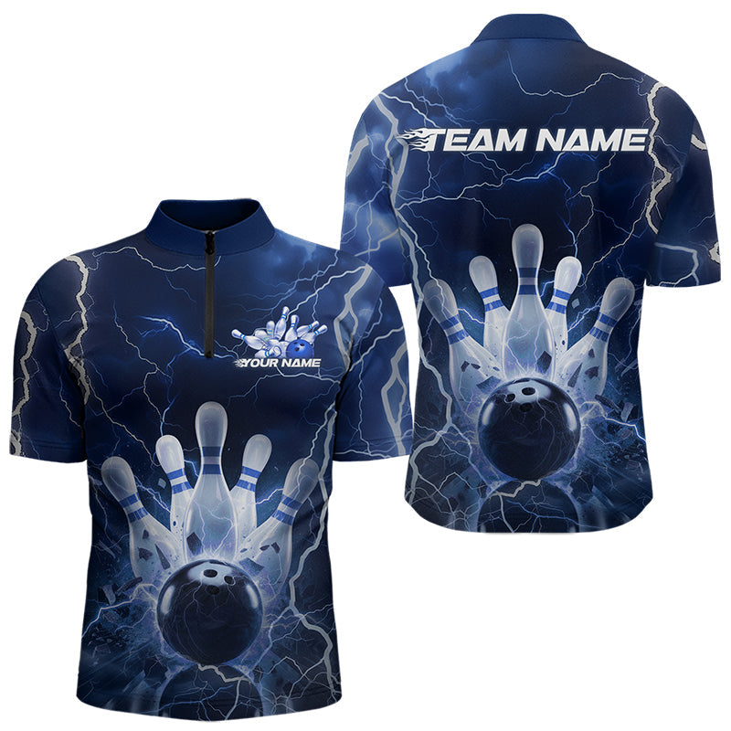 Custom Black And Blue Thunder Lightning Bowling Quarter-Zip Team Shirts For Men, Bowling Jerseys IPHW8516