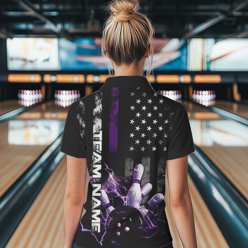 Custom Black And Purple Thin Line American Flag Patriotic US Bowling Polo Shirts For Women IPHW8517