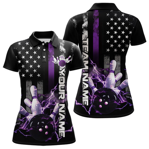 Custom Black And Purple Thin Line American Flag Patriotic US Bowling Polo Shirts For Women IPHW8517