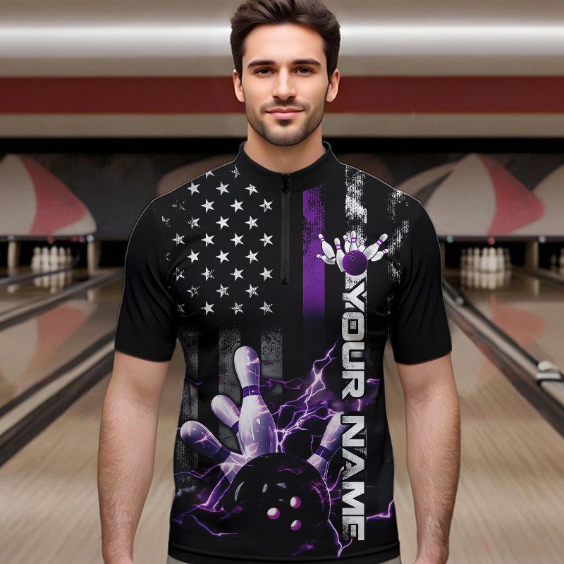 Custom Black And Purple Thin Line American Flag Patriotic US Bowling Team Quarter-Zip Shirts For Men IPHW8517