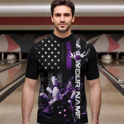 Custom Black And Purple Thin Line American Flag Patriotic US Bowling Team Quarter-Zip Shirts For Men IPHW8517