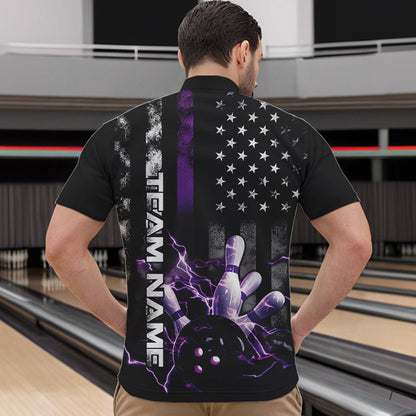 Custom Black And Purple Thin Line American Flag Patriotic US Bowling Team Quarter-Zip Shirts For Men IPHW8517