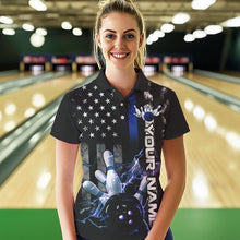 Load image into Gallery viewer, Custom Black And Blue Thin Line American Flag Patriotic US Bowling Polo Shirts For Women IPHW8518