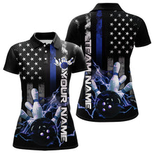Load image into Gallery viewer, Custom Black And Blue Thin Line American Flag Patriotic US Bowling Polo Shirts For Women IPHW8518
