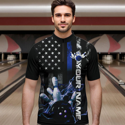Custom Black And Blue Thin Line American Flag Patriotic US Bowling Team Quarter-Zip Shirts For Men IPHW8518