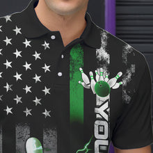 Load image into Gallery viewer, Custom Black And Green Thin Line American Flag Patriotic US Bowling Team Polo Shirts For Men IPHW8519