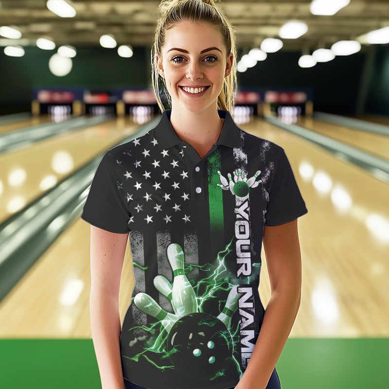 Custom Black And Green Thin Line American Flag Patriotic US Bowling Polo Shirts For Women IPHW8519